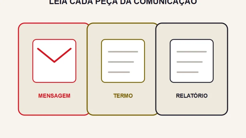 Três cartões separados representam mensagem, termo e relatório de pendências.