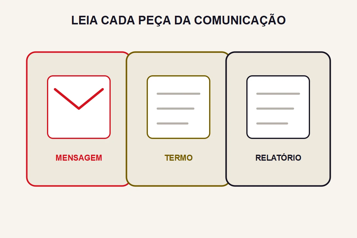 Três cartões separados representam mensagem, termo e relatório de pendências.
