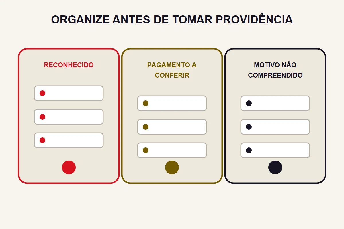 Três colunas separam item reconhecido, pagamento a conferir e motivo ainda não compreendido.