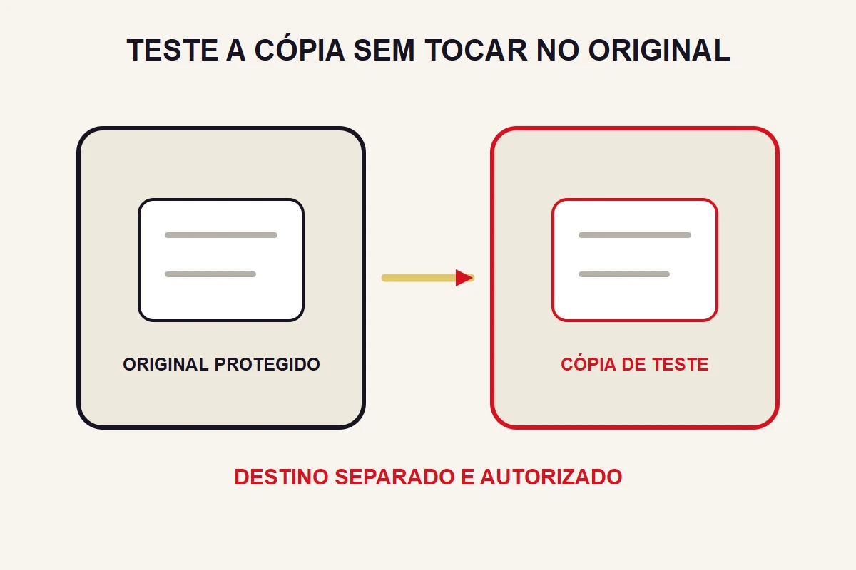 Dois painéis separados mostram o arquivo original protegido e uma cópia usada no teste.