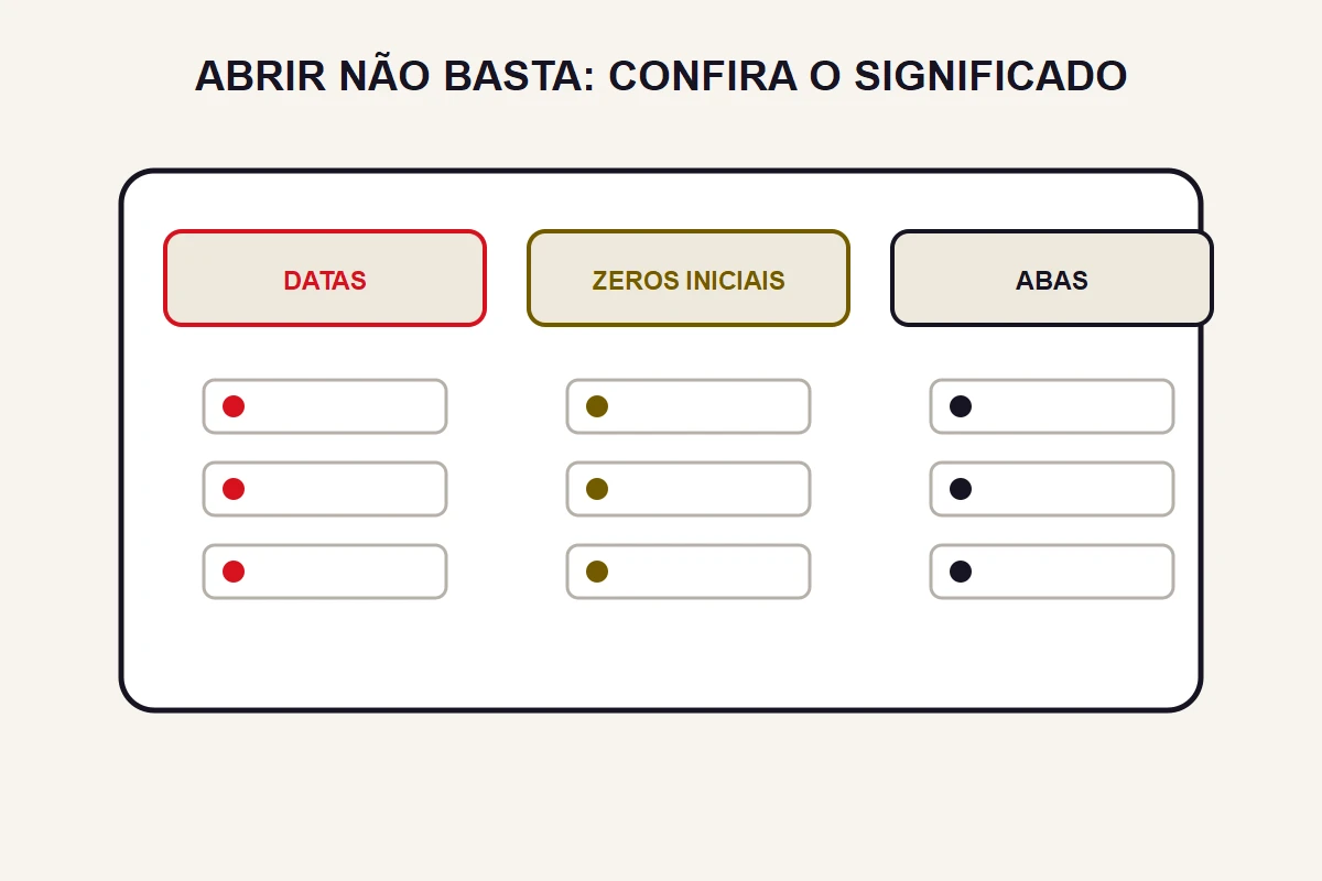Uma grade abstrata separa datas, códigos com zeros iniciais e abas para conferência.