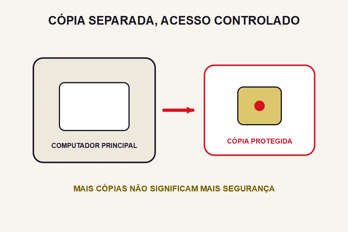 Um computador principal aparece separado de uma unidade de armazenamento protegida.