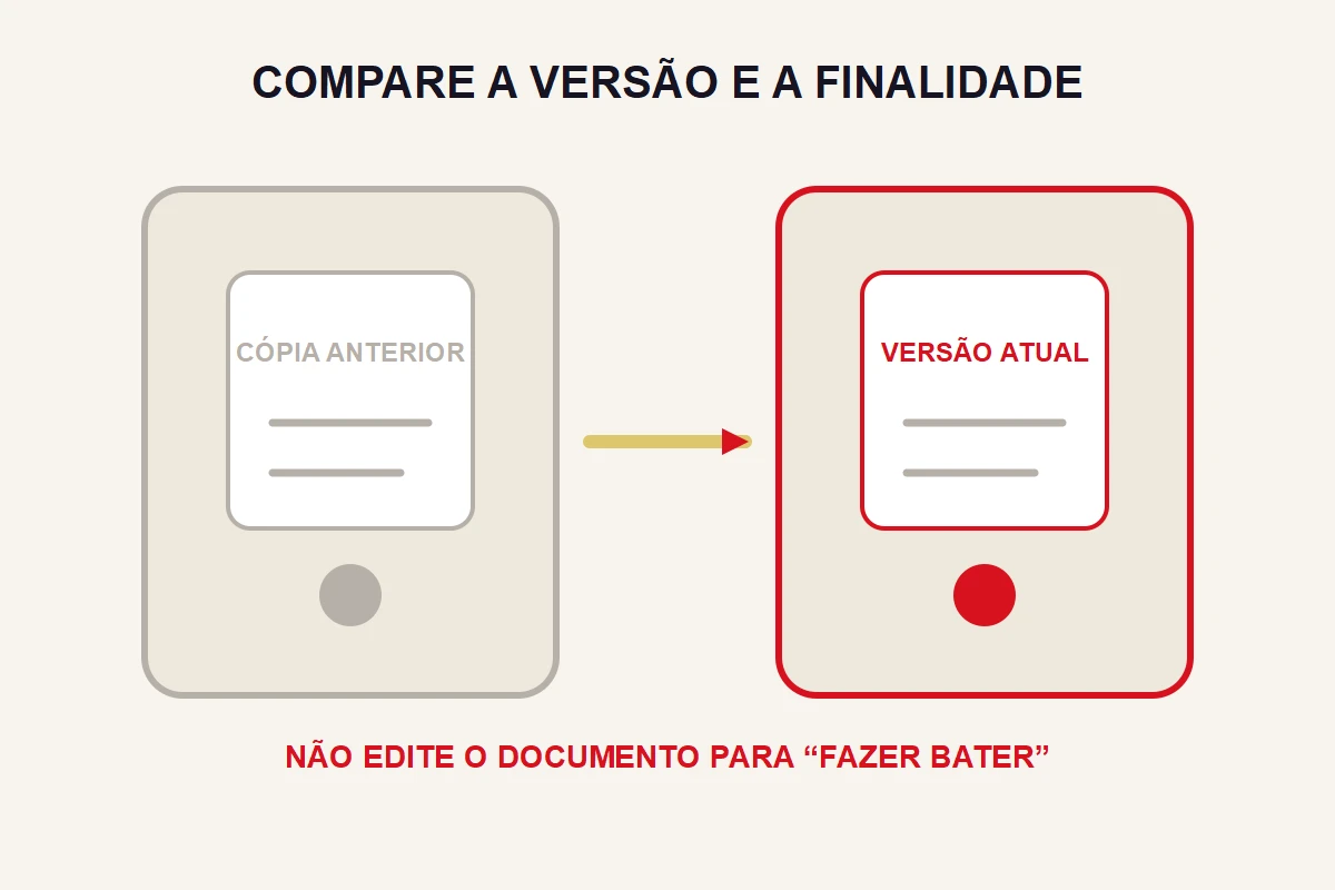 Dois cartões documentais abstratos comparam uma cópia anterior e uma versão atual.
