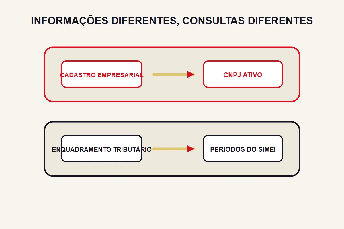 Dois painéis independentes distinguem cadastro empresarial e enquadramento tributário.