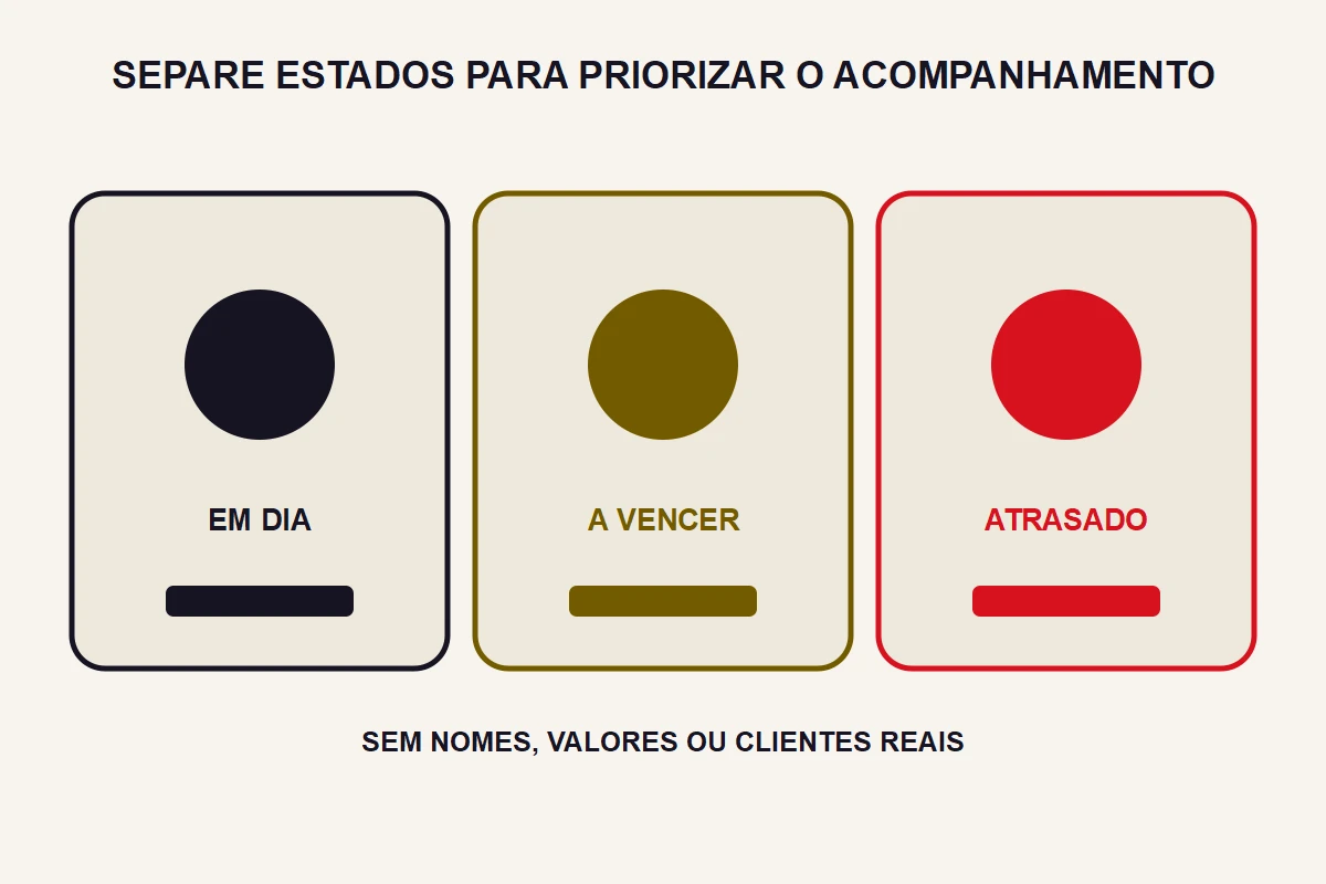 Três cartões distinguem em dia, a vencer e atrasado sem nomes ou valores.