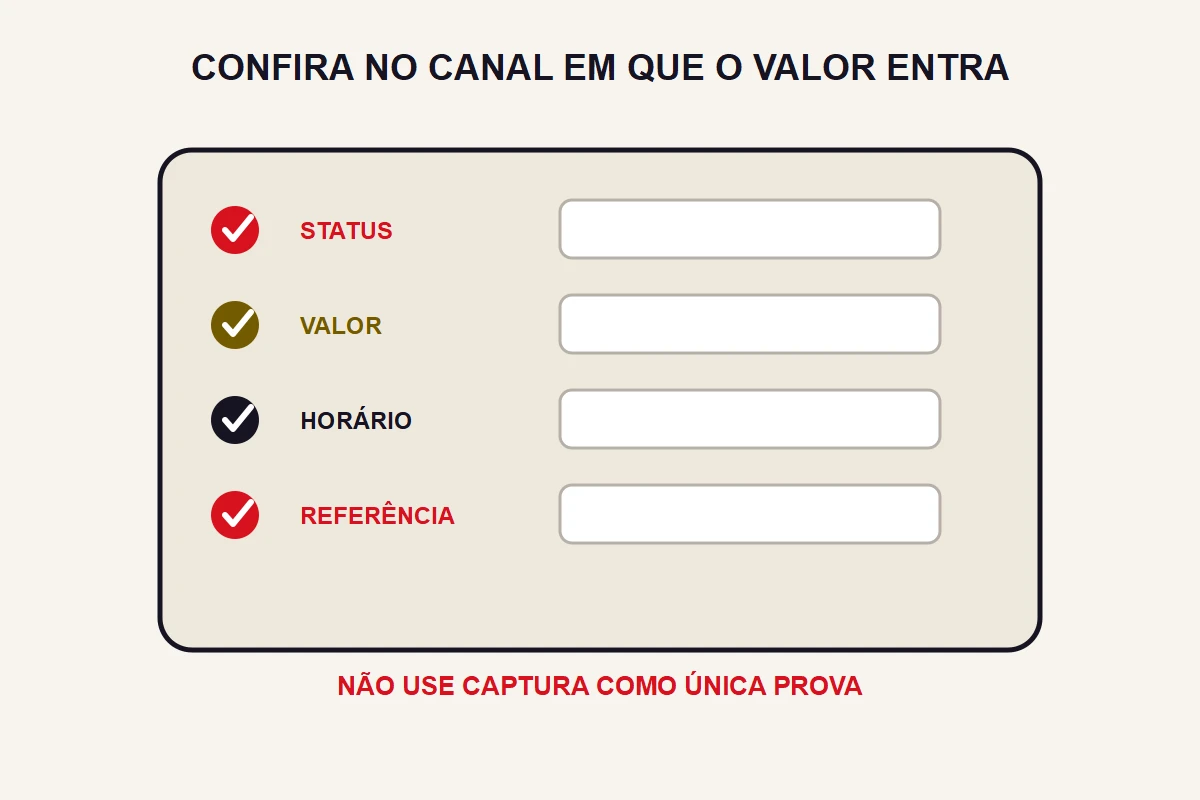 Uma lista abstrata destaca status, valor, horário e referência para conferência.