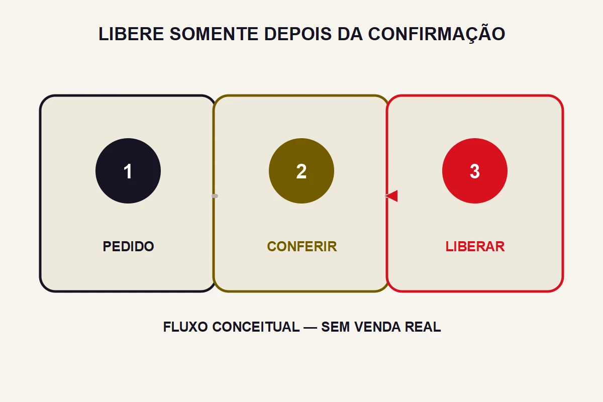Três etapas abstratas mostram pedido, conferência e liberação.