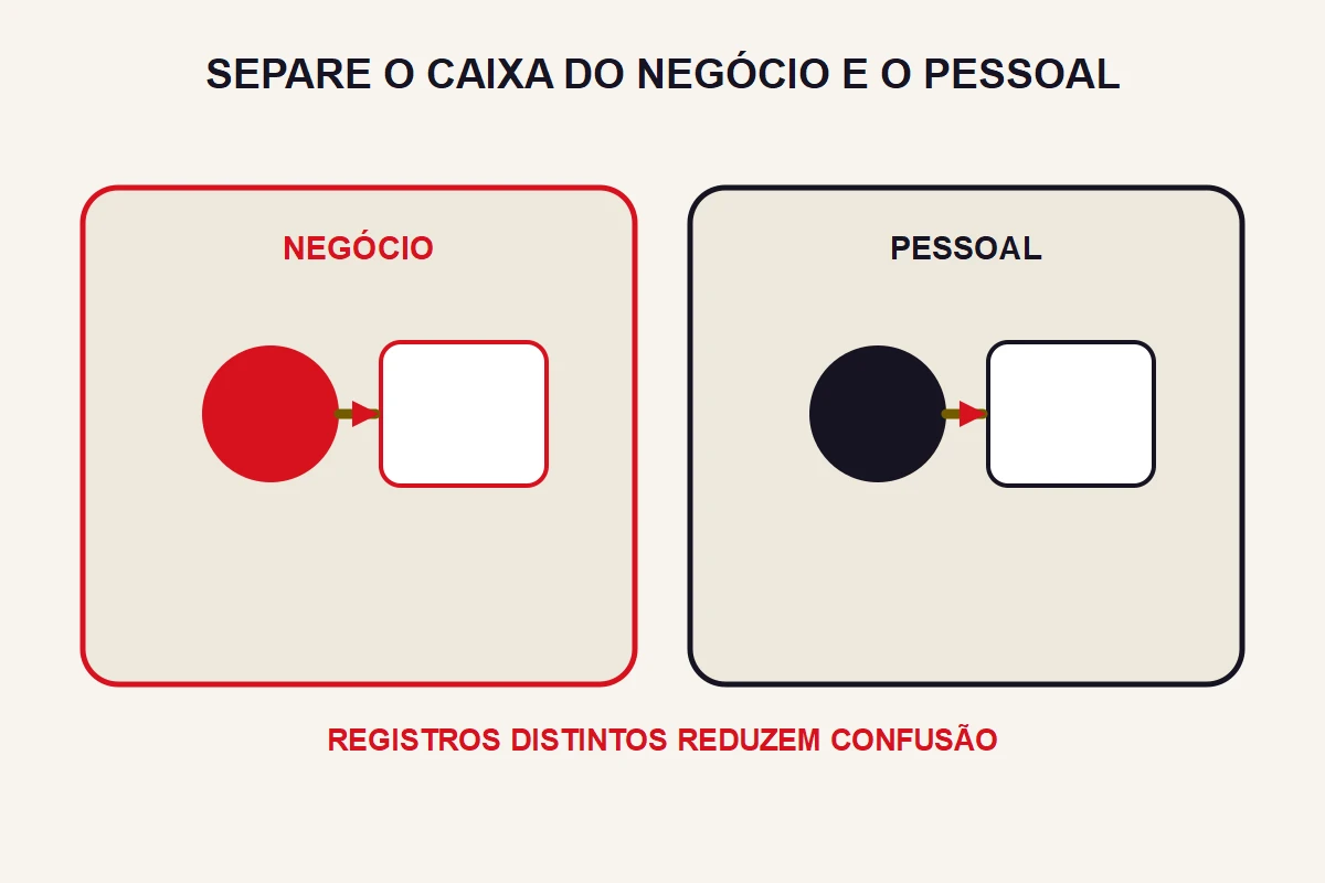Dois painéis separam o caixa do negócio e o dinheiro pessoal.