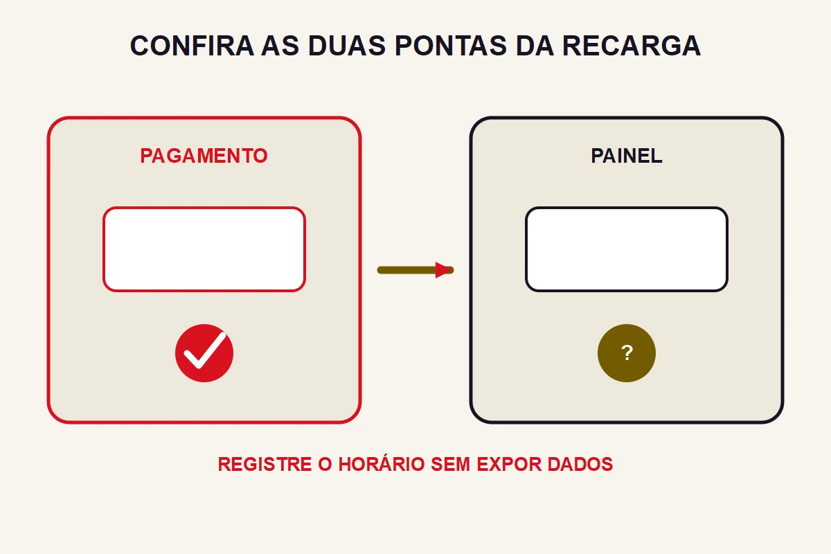 Dois painéis abstratos distinguem o pagamento confirmado e o crédito ainda pendente no painel.
