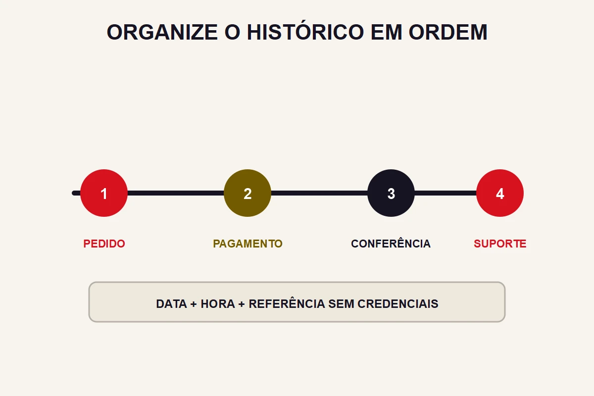 Uma linha do tempo organiza pedido, pagamento, conferência e suporte sem exibir dados financeiros.