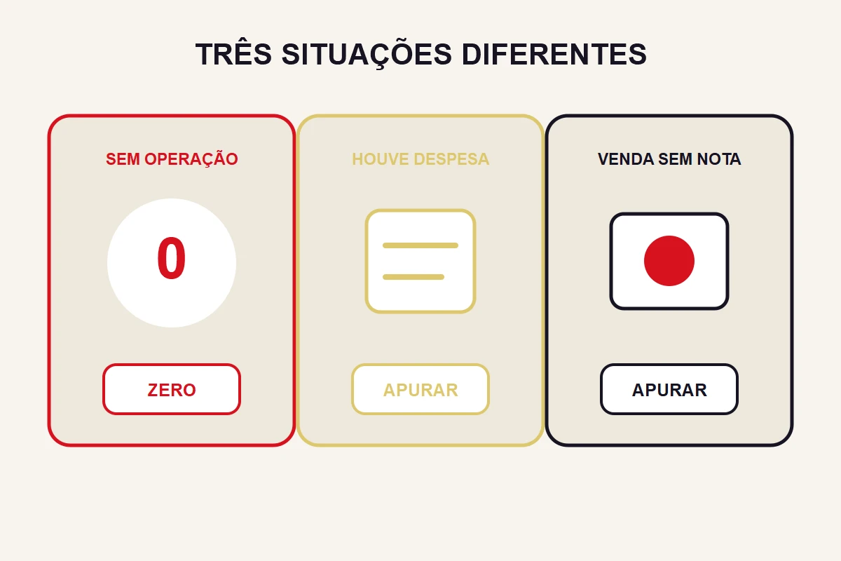 Três cartões distinguem ausência de operação, existência de despesas e venda sem nota; apenas o primeiro é marcado como zero.