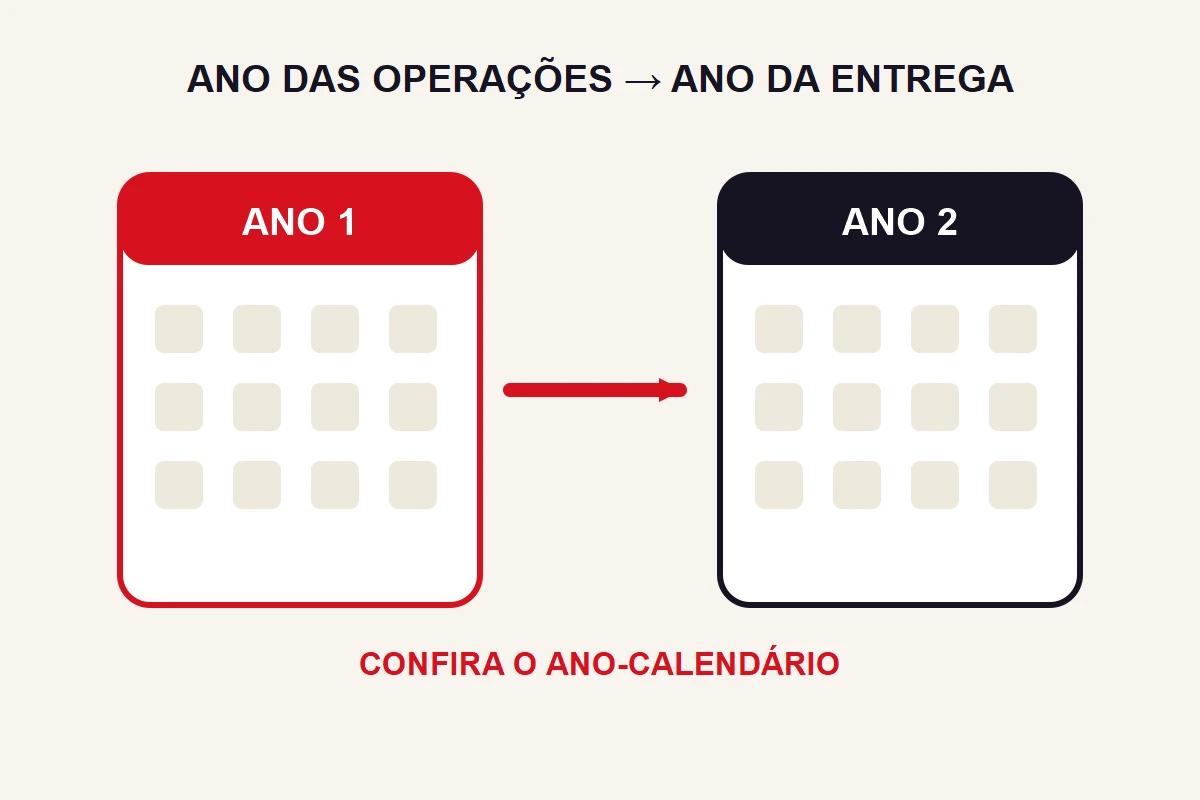 Dois calendários abstratos representam o ano das operações e o ano seguinte da entrega, ligados por uma seta.