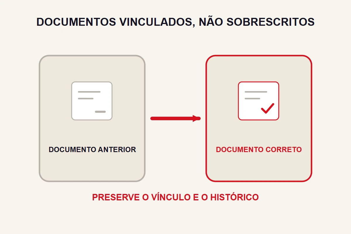 Dois cartões documentais abstratos permanecem ligados, com o anterior em cinza e o correto em destaque.