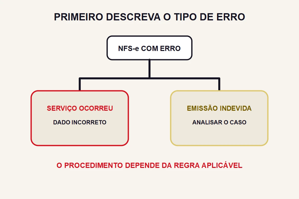 Uma bifurcação separa serviço ocorrido com dado incorreto e emissão indevida a analisar.