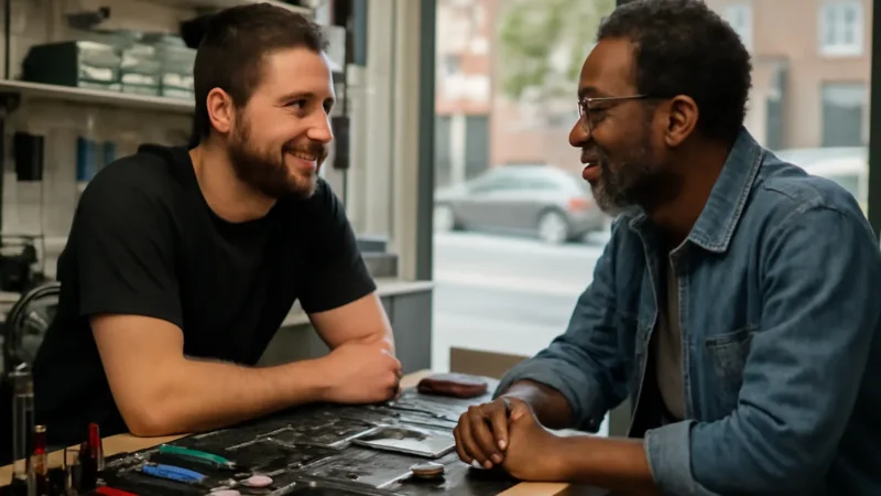 Revendedor conversando com o dono de uma assistência técnica de celular no balcão