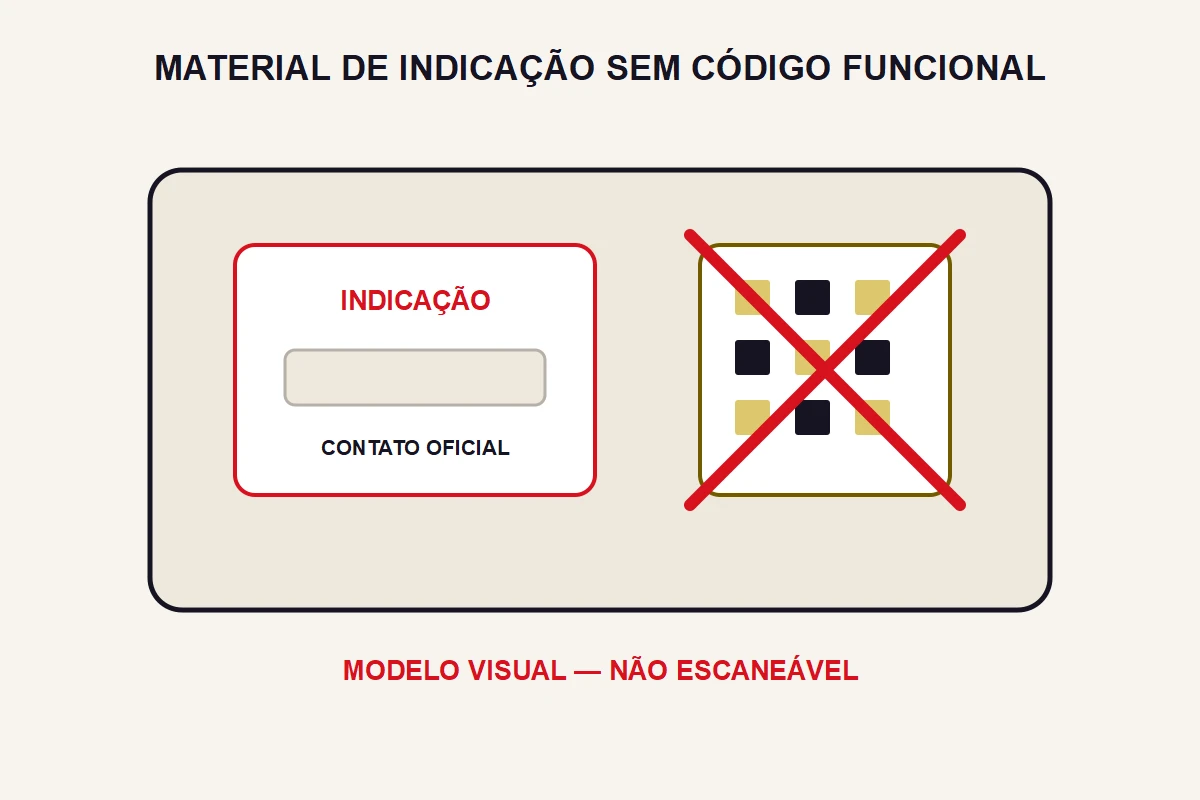 Um cartão conceitual de indicação aparece ao lado de um padrão explicitamente não escaneável.