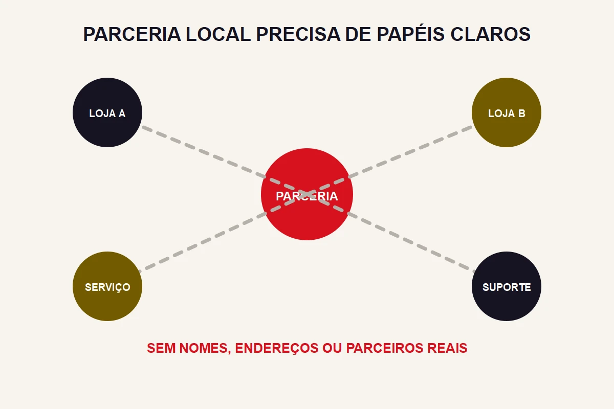 Um núcleo de parceria liga quatro papéis abstratos sem nomes ou endereços reais.