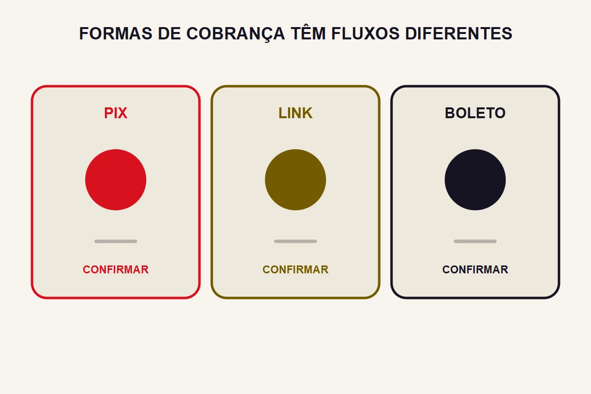 Três cartões abstratos representam Pix, link e boleto como fluxos diferentes.