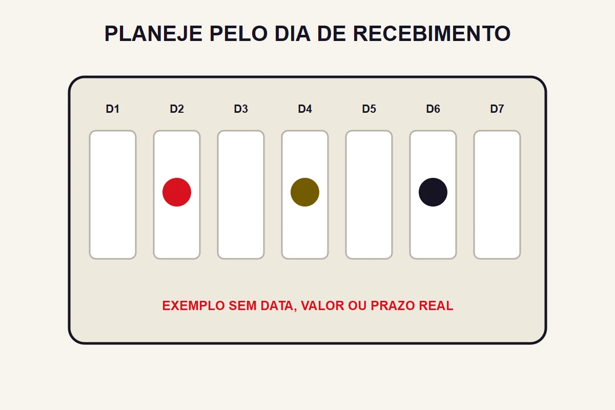 Um calendário abstrato marca dias de recebimento com cores, sem datas nem valores.