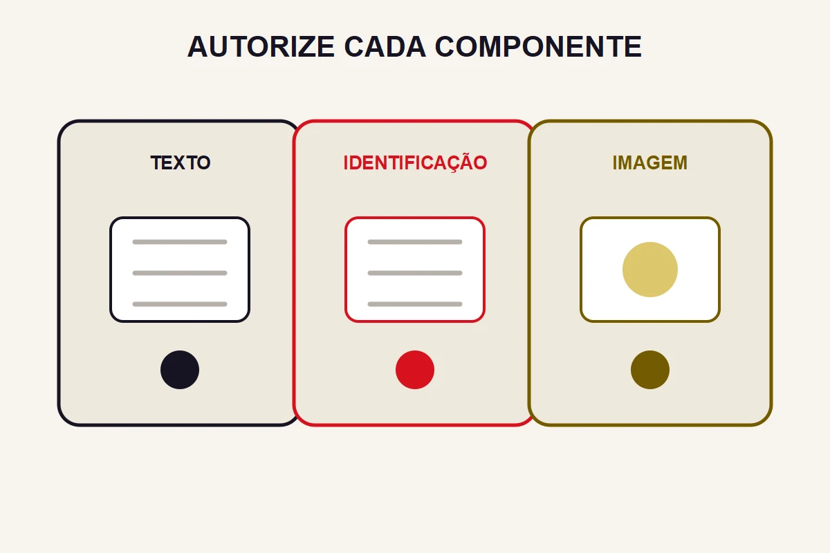 Três cartões separam texto, identificação e imagem como componentes de autorização.