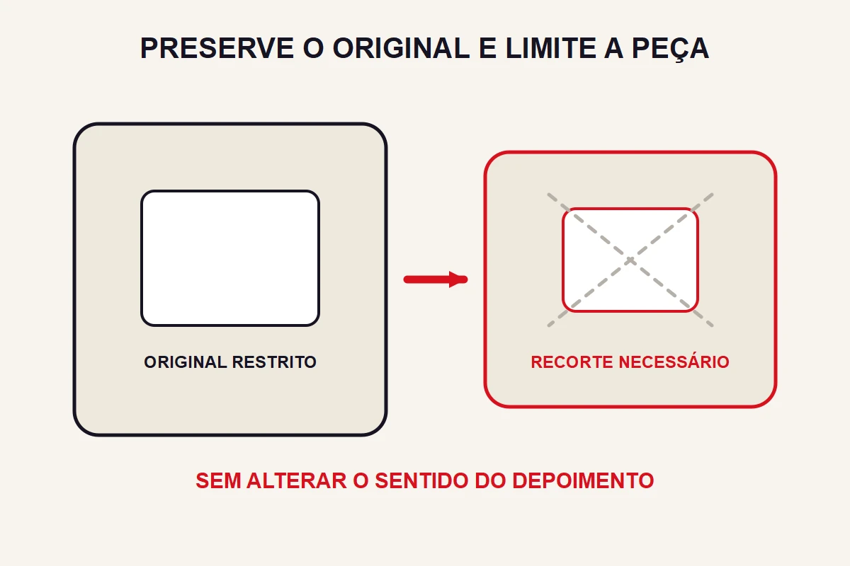 Um original restrito aparece separado de uma peça recortada para retirar elementos desnecessários.