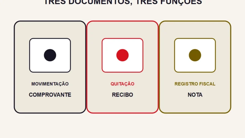 Três cartões distinguem comprovante de movimentação, recibo de quitação e nota de registro fiscal.