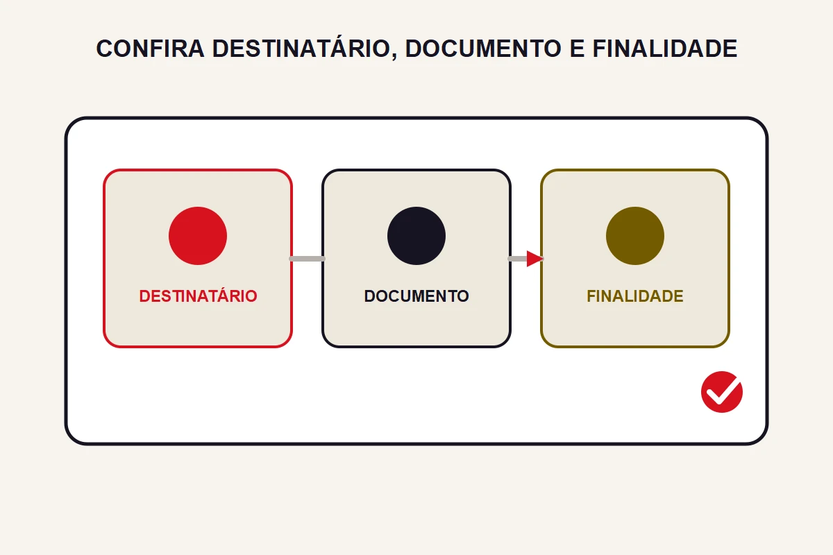 Três cartões encadeiam destinatário, documento e finalidade antes de uma confirmação final.