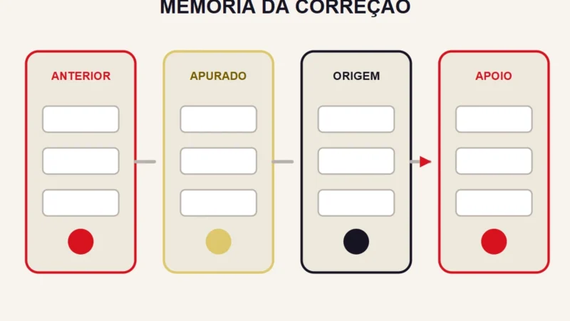 Quatro colunas abstratas organizam informação anterior, valor apurado, origem da diferença e documento de apoio.
