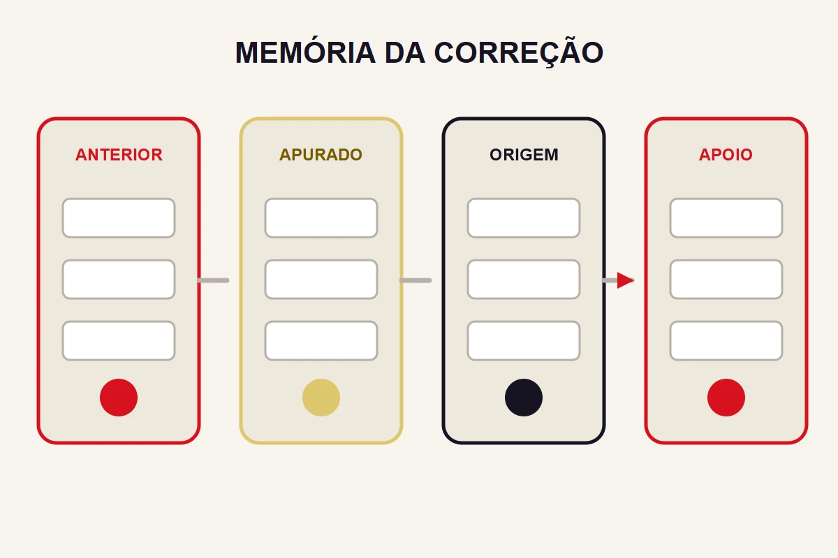 Quatro colunas abstratas organizam informação anterior, valor apurado, origem da diferença e documento de apoio.