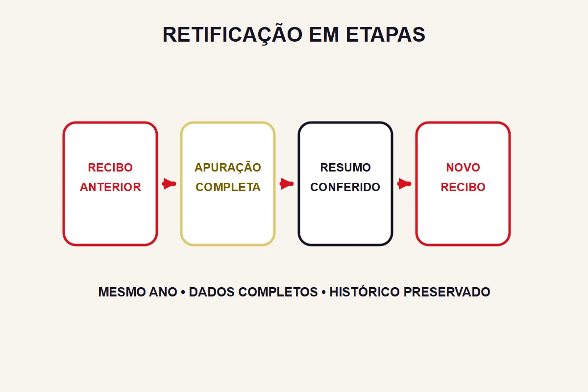 Quatro cartões em sequência ligam recibo anterior, apuração completa, resumo conferido e novo recibo.