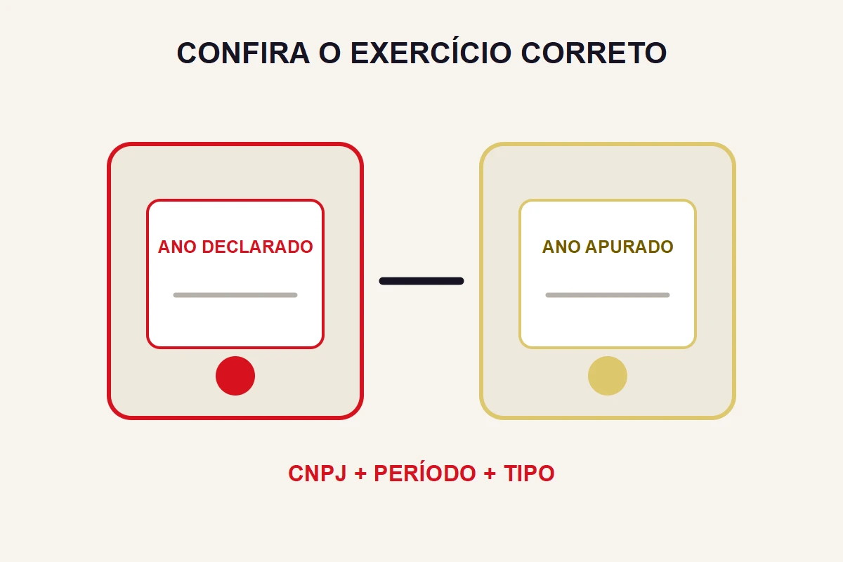 Duas pastas anuais abstratas ficam lado a lado para comparar ano declarado e ano apurado.