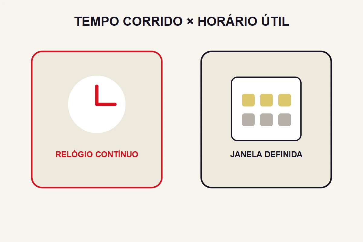 Um relógio contínuo é comparado com um calendário que destaca uma janela de atendimento.