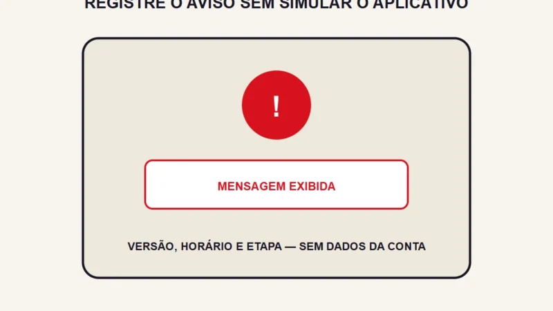 Um aviso abstrato aparece com campos para registrar mensagem, versão, horário e etapa.