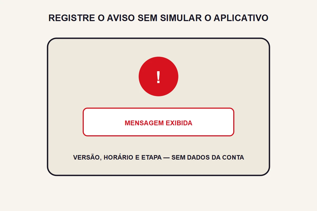 Um aviso abstrato aparece com campos para registrar mensagem, versão, horário e etapa.