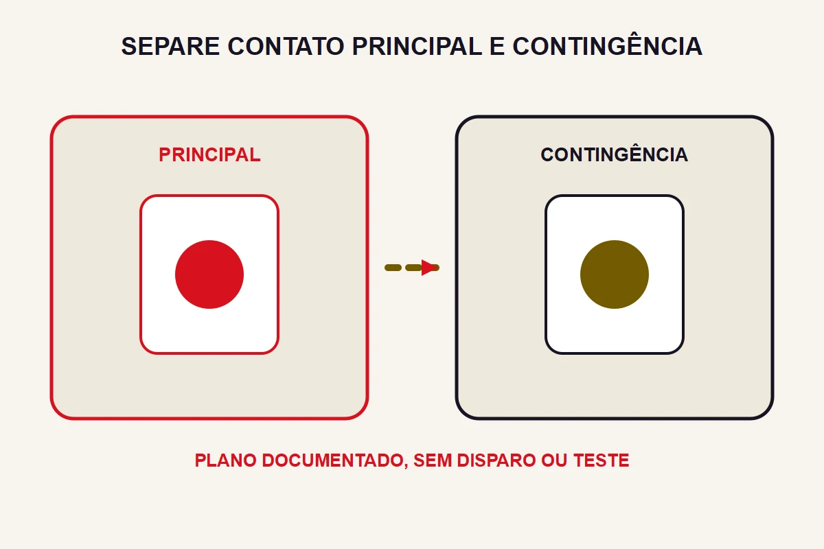 Dois aparelhos abstratos representam contato principal e canal de contingência documentado.