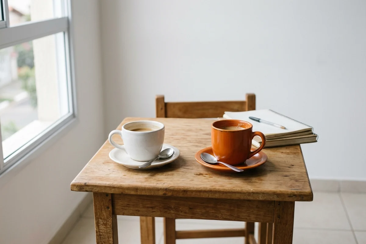 Duas xícaras de café frente a frente sobre mesa de madeira, ao lado de caderno fechado e caneta