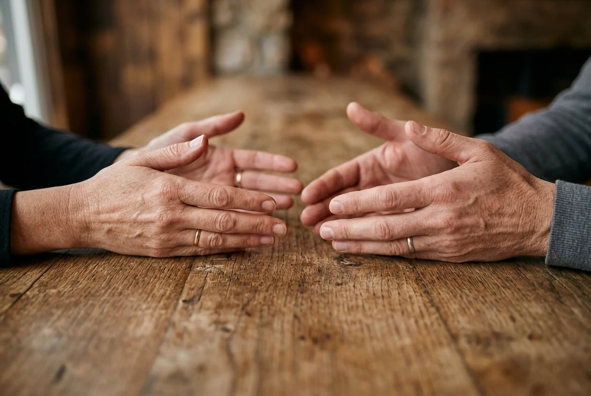 Mãos de duas pessoas sobre mesa de madeira em gesto de conversa