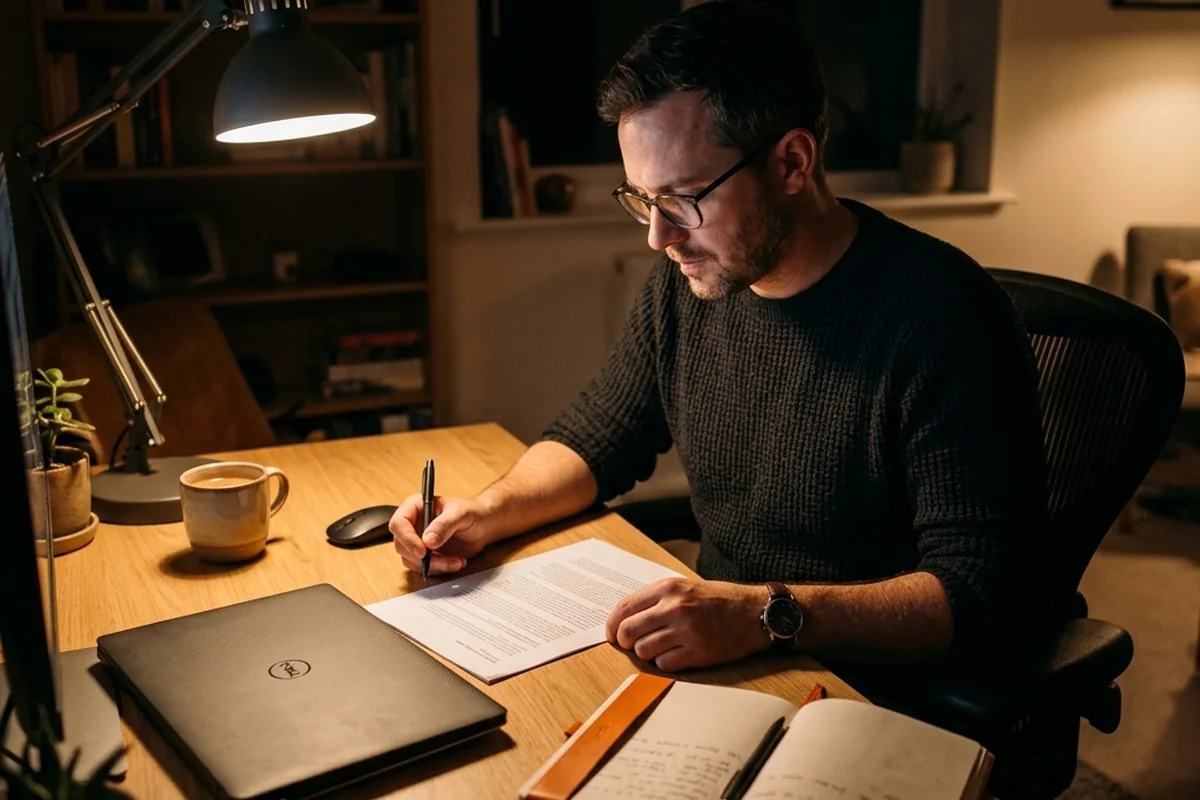 Homem consultando uma folha e fazendo anotações à mesa de trabalho à noite.