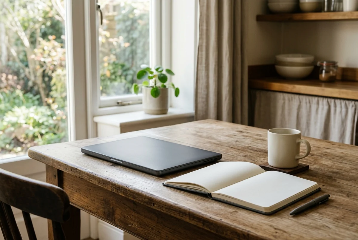 Notebook fechado, caderno aberto em branco, caneta e caneca sobre mesa perto da janela