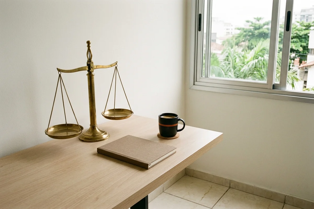Balança de latão de dois pratos sobre mesa clara, ao lado de caderno fechado e caneca preta junto à janela de correr