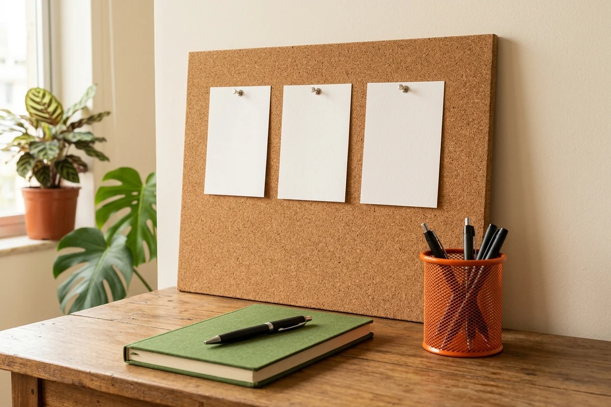 Quadro de cortiça com três cartões em branco, caderno verde com caneta e porta-lápis laranja