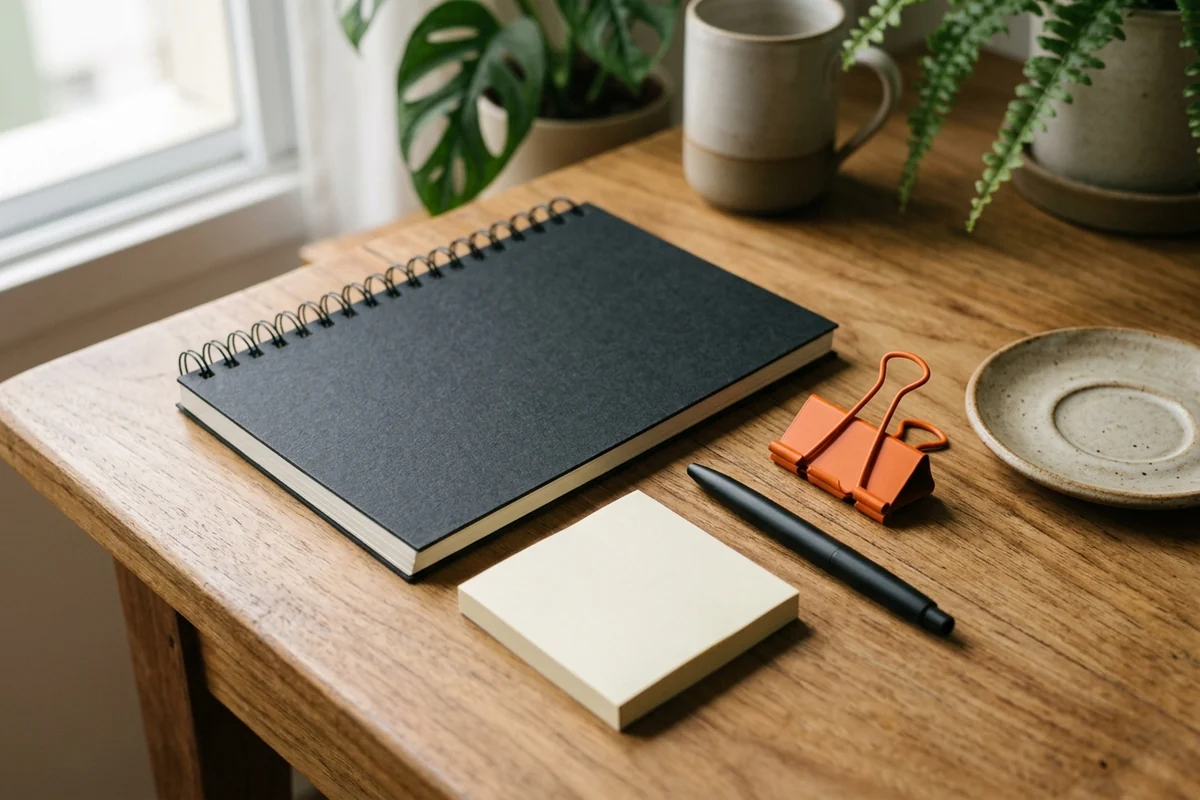 Caderno espiral preto, bloco de notas, prendedor laranja e caneta sobre mesa de madeira junto à janela