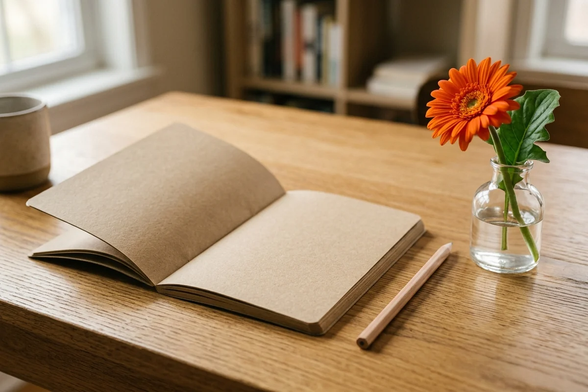 Caderno kraft aberto em branco, lápis e flor laranja num vaso de vidro sobre mesa de madeira