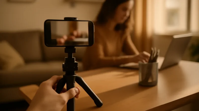 Celular preso em mini tripé sobre a mesa, com pessoa trabalhando no notebook ao fundo desfocada