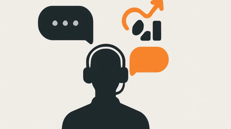 Ilustração de atendente com fone de ouvido entre balões de conversa e gráfico em alta