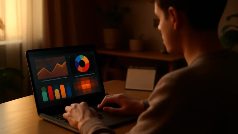 Pessoa de costas usando notebook com gráficos coloridos na tela, em sala com luz quente