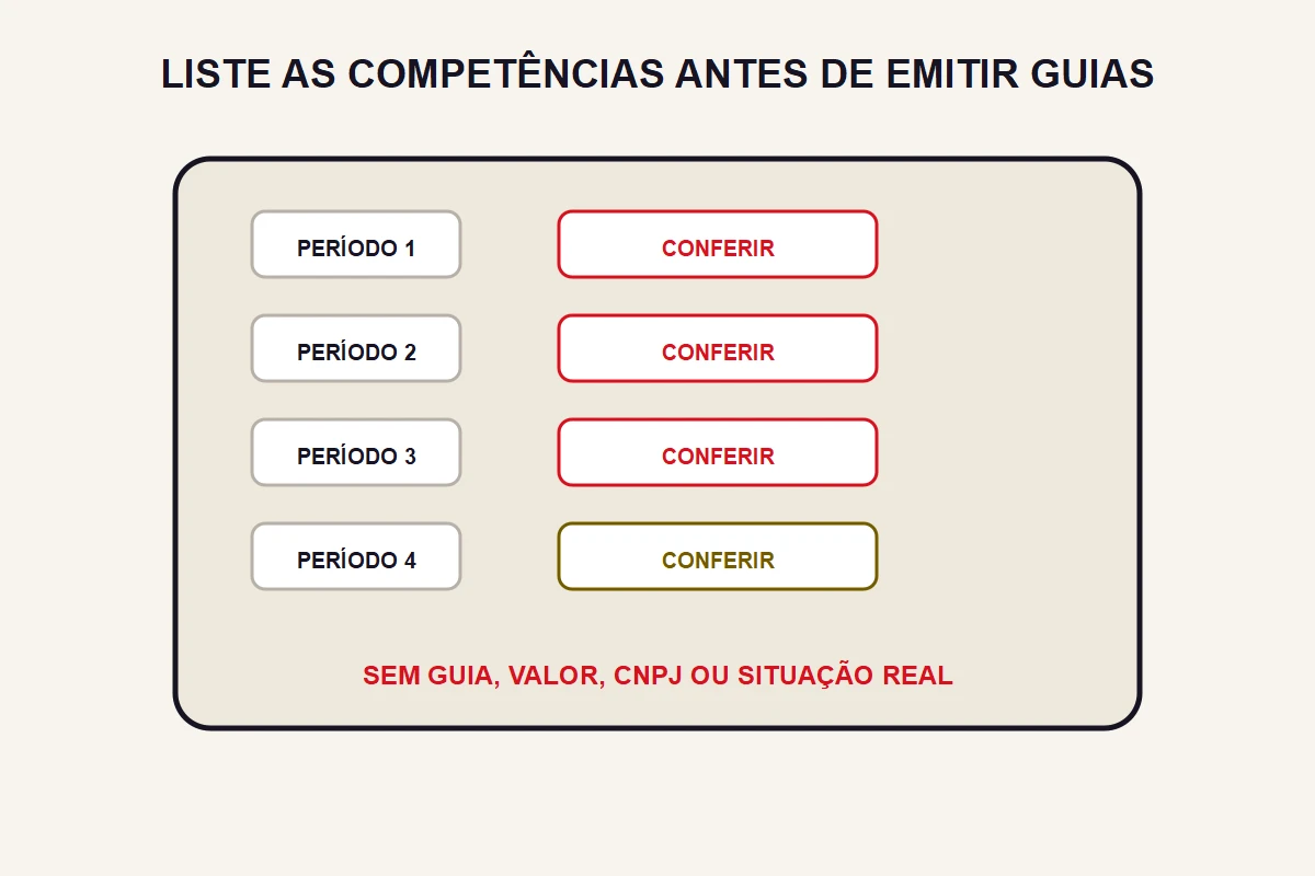 Uma lista abstrata mostra quatro períodos a conferir antes de emitir qualquer guia.