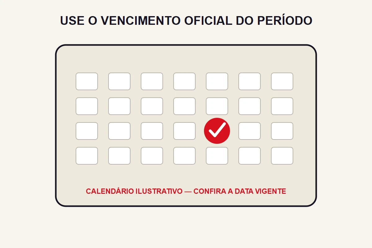 Um calendário ilustrativo destaca um dia sem número e orienta conferir a data vigente.
