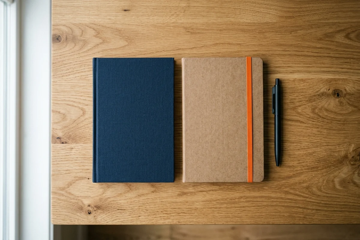 Caderno azul e caderno kraft com elástico laranja lado a lado sobre mesa de madeira, com caneta preta