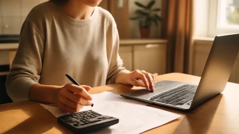 Pessoa anota em papel ao lado de calculadora e notebook sobre mesa de madeira em cozinha iluminada